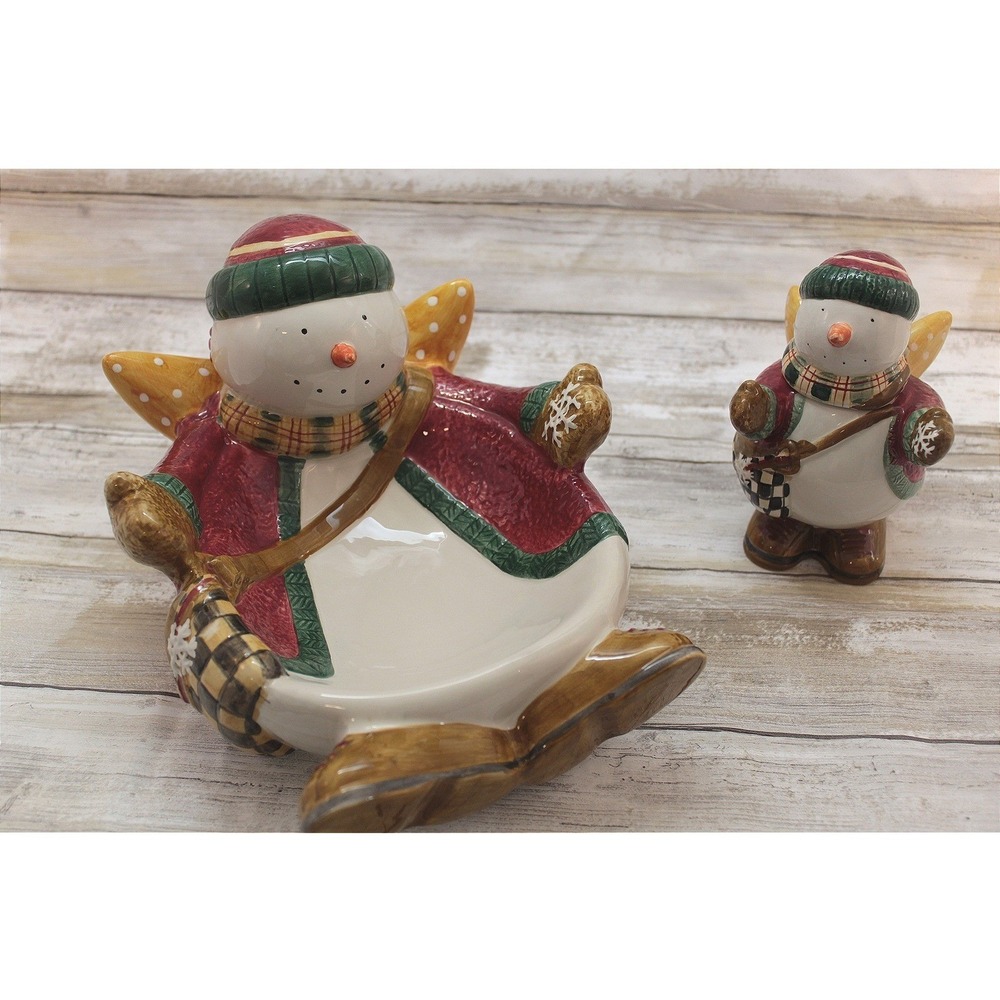 Sakura, Debbie Mumm Angel Snowman Cookie/Candy Dish And Snowman Sugar Jar